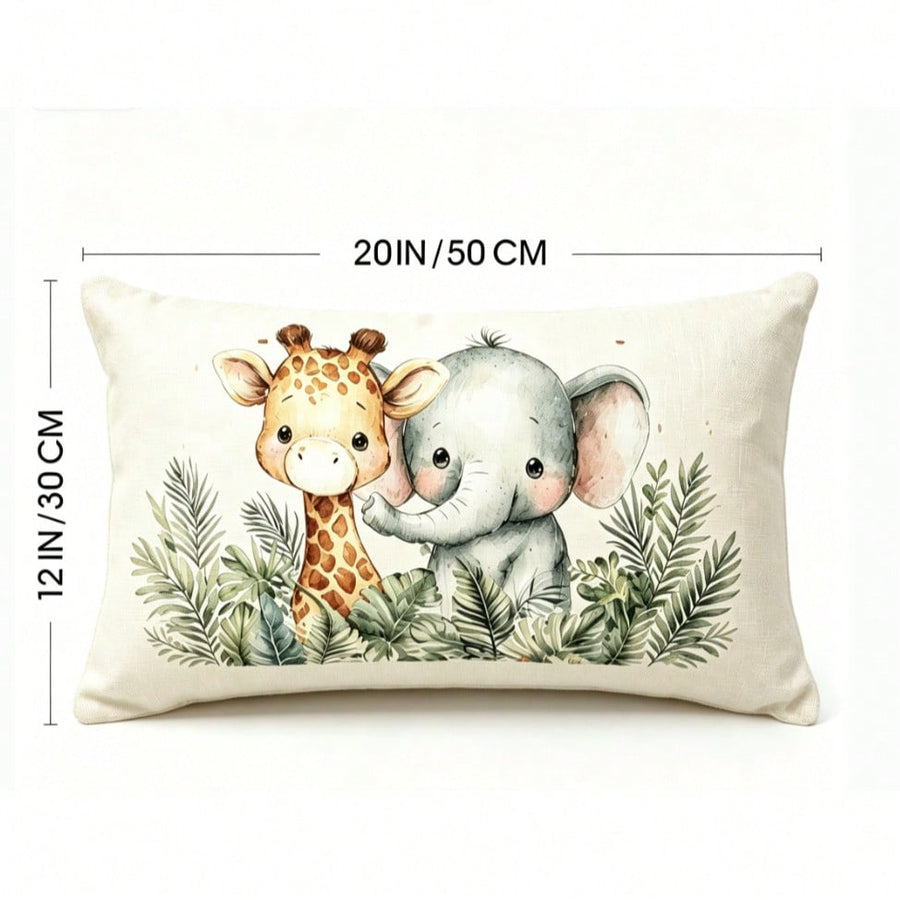 1pc 30*50cm Horizontal Linen Lumbar Pillow, Printed With Cute Watercolor Giraffe, Elephant And Jungle Pattern, Soft Wild Animal Decorative Cushion, Suitable For Kids Bedroom, Sofa, Chair And Room Decor, Single-Sided Print, Pillow Insert Not Included